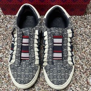 Tory Burch Navy, Ivory & Red Patterned Slip-On Sneakers